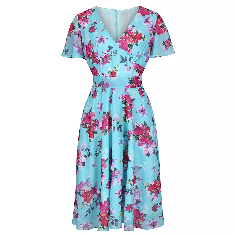 Light Blue Floral Split Sleeve Retro Swing Dress