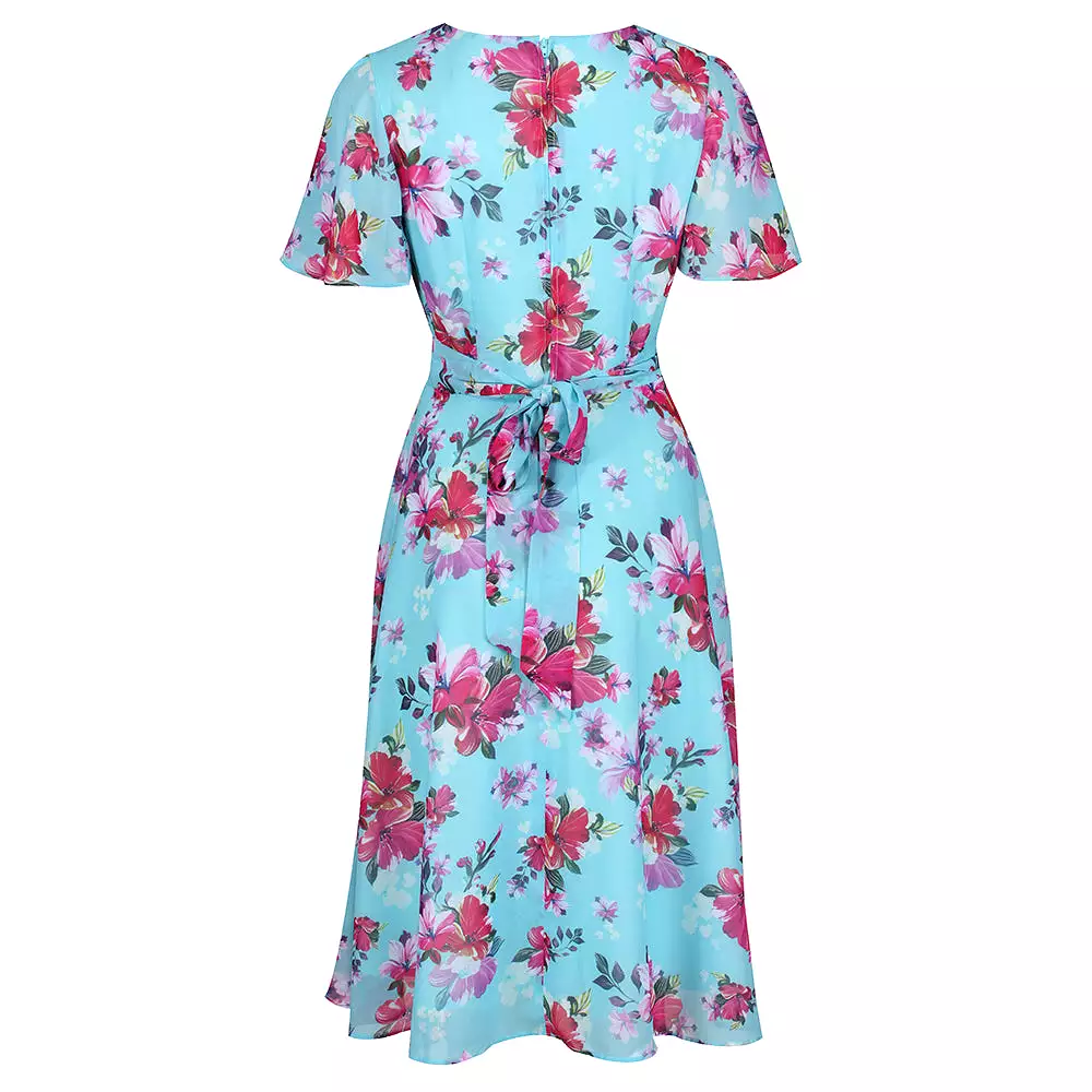 Light Blue Floral Split Sleeve Retro Swing Dress