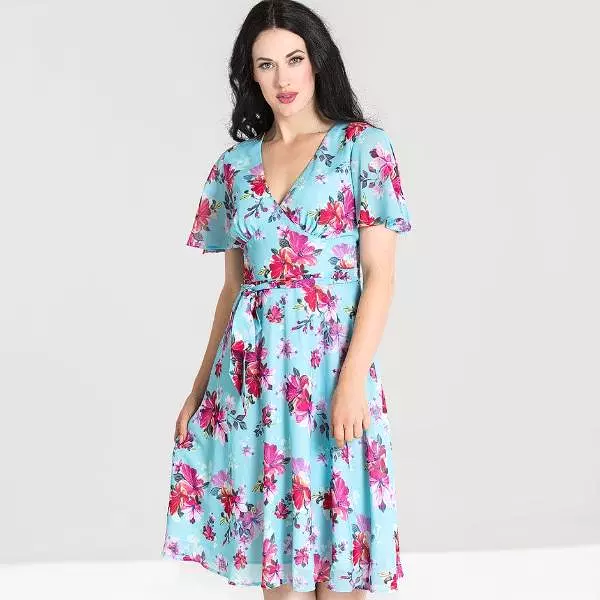 Light Blue Floral Split Sleeve Retro Swing Dress