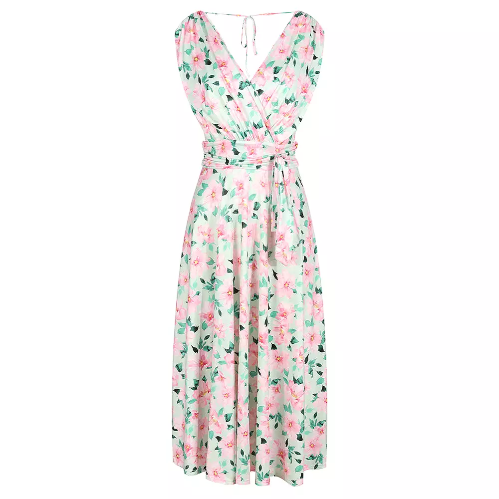 Light Green And Pink Floral Print V Neck Crossover Top Empire Waist Swing Dress