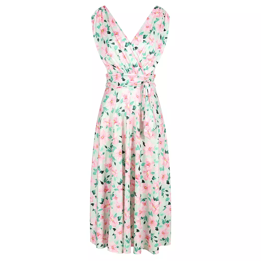 Light Green And Pink Floral Print V Neck Crossover Top Empire Waist Swing Dress