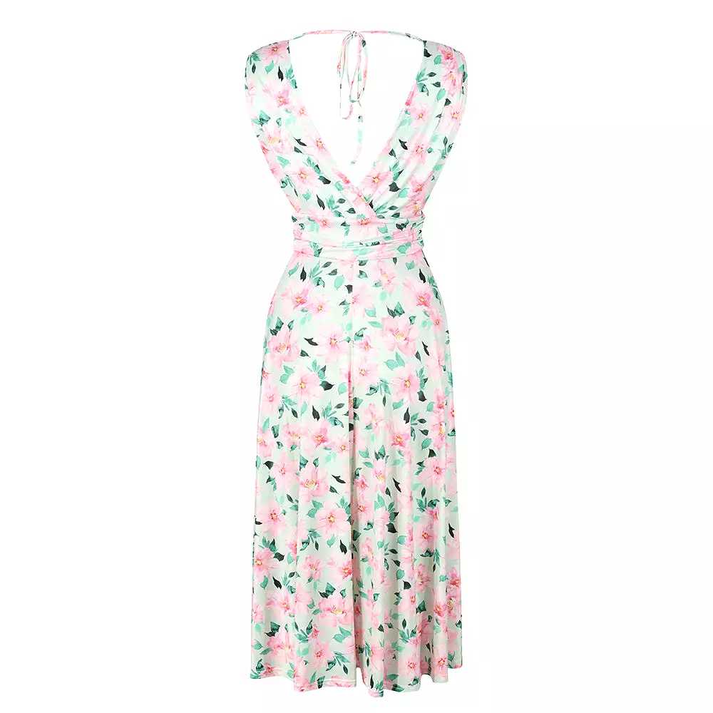 Light Green And Pink Floral Print V Neck Crossover Top Empire Waist Swing Dress