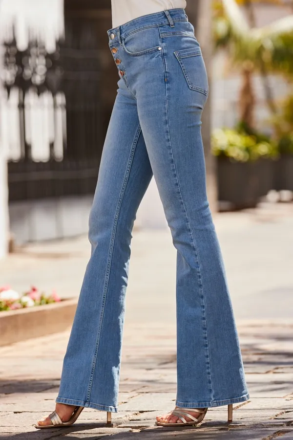 Light Wash Button Front Kick Flare Jeans