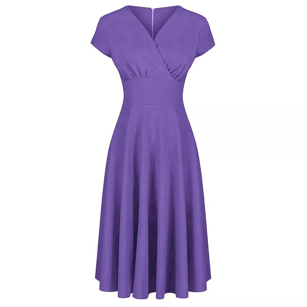 Lilac Purple A Line Crossover Bust Capped Sleeve Tea Swing Dress