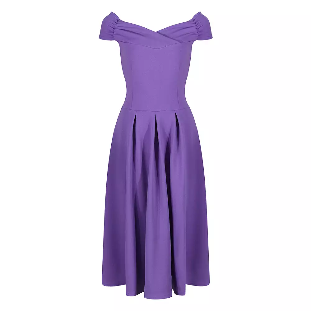 Lilac Purple Crossover Bust Cap Sleeve Bardot Style 50s Swing Dress