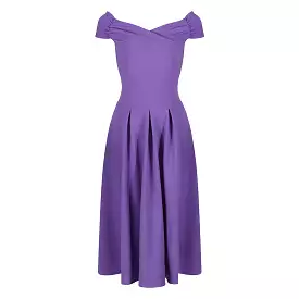 Lilac Purple Crossover Bust Cap Sleeve Bardot Style 50s Swing Dress