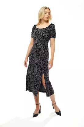 Liquorish Fitted Midi Dress In Black And Grey Zebra Print