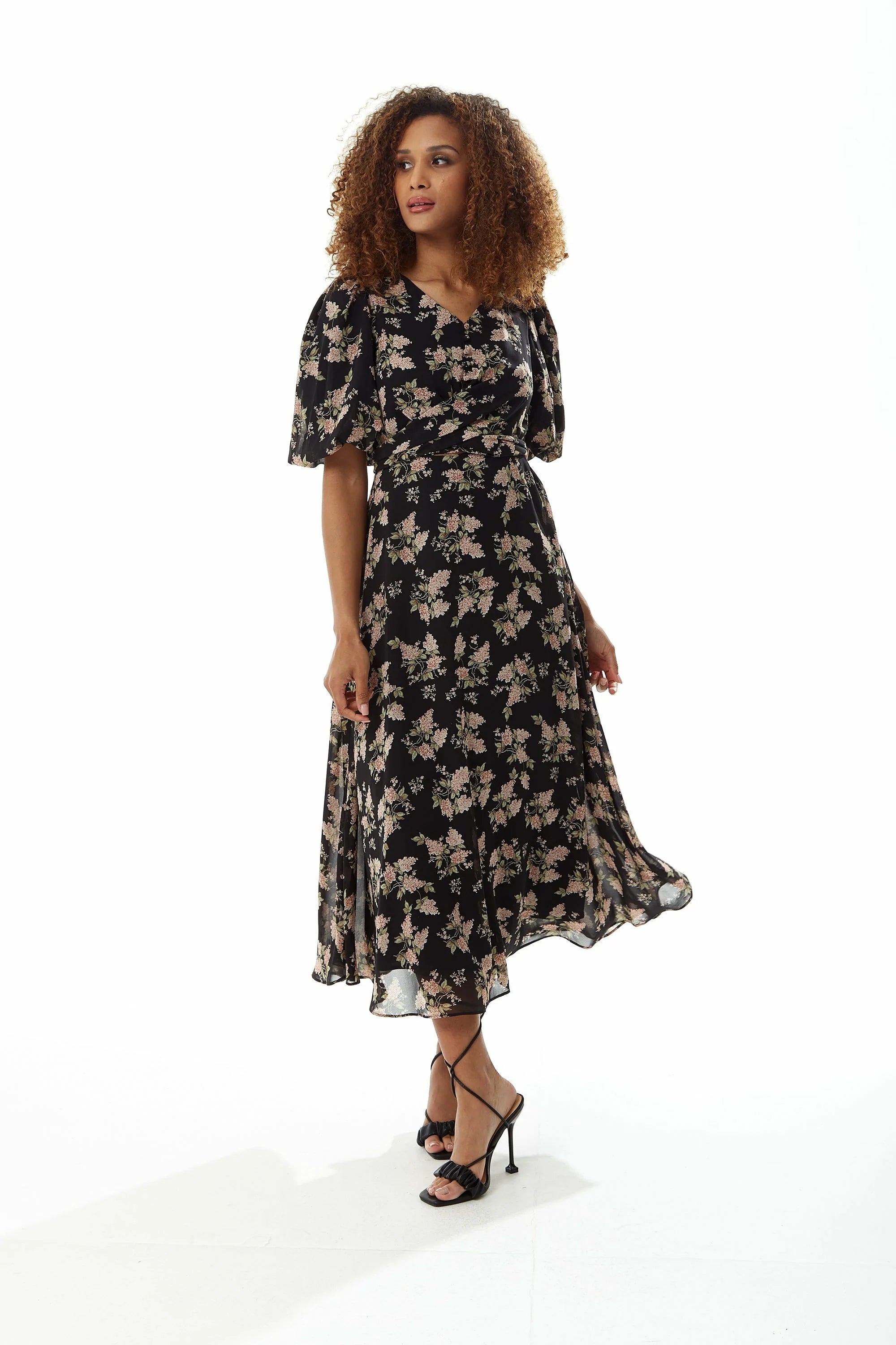 Liquorish Floral Midi Dress With Tie Waist