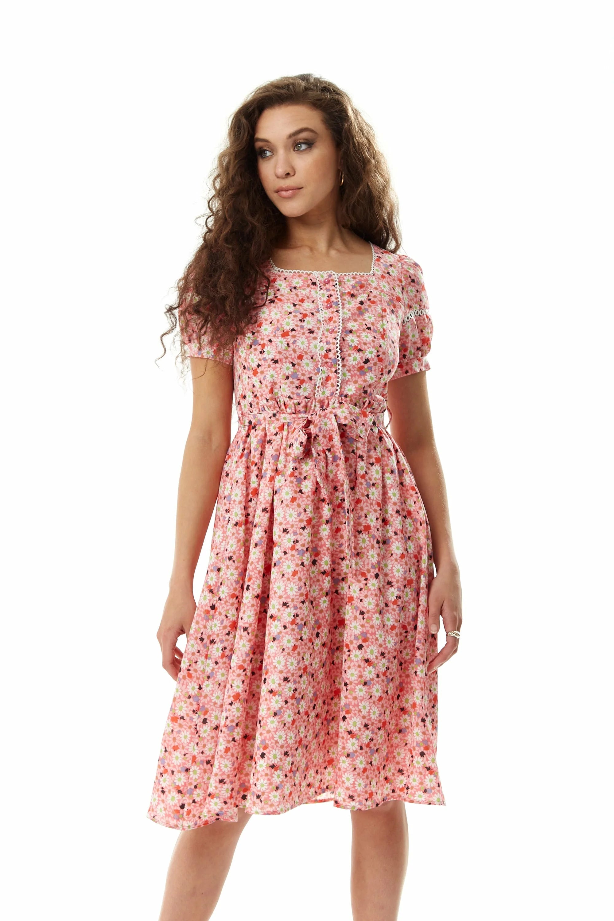 Liquorish Floral Midi Dress With Trim Lace Details