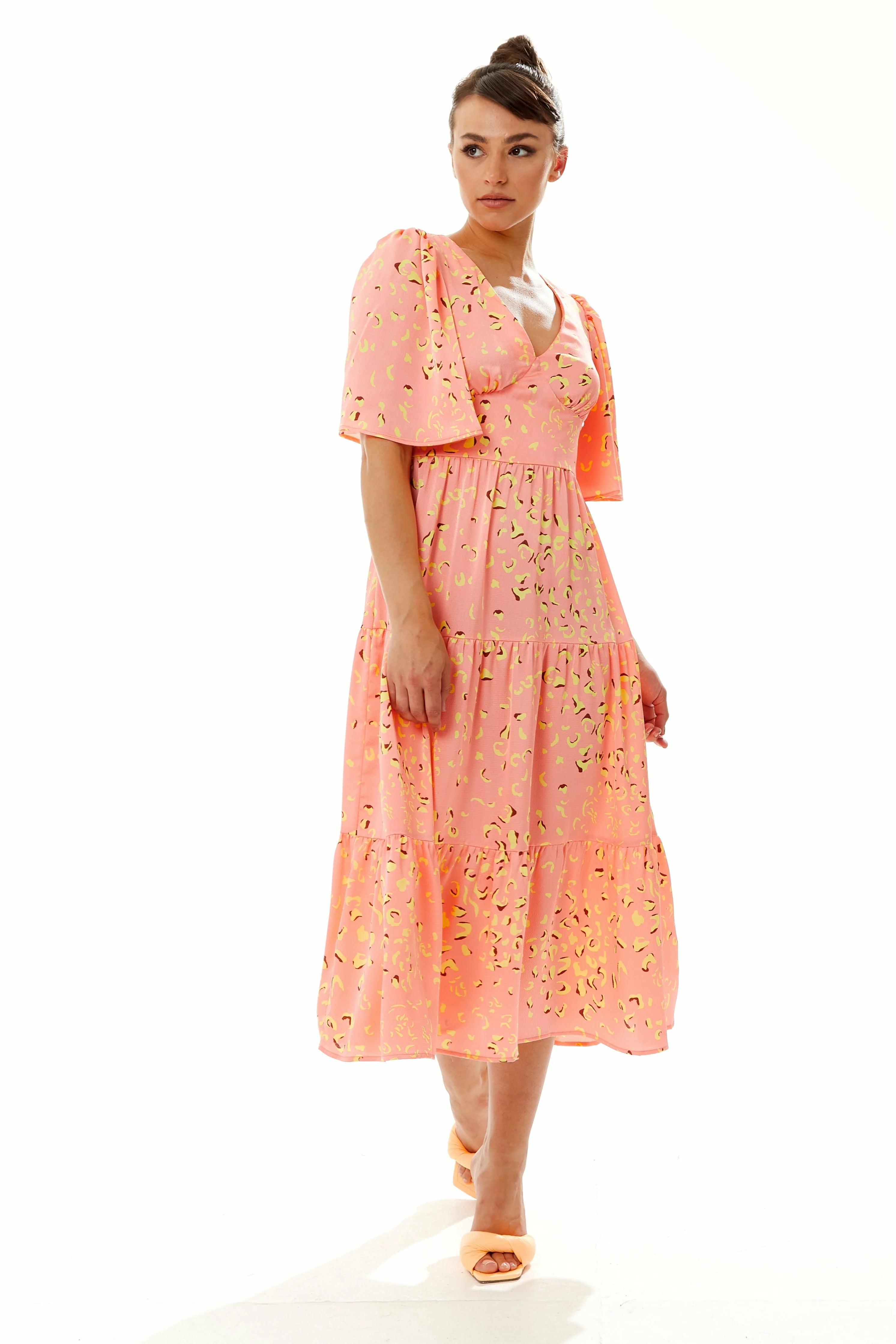 Liquorish Midi Abstract Animal Print  Dress In Peach