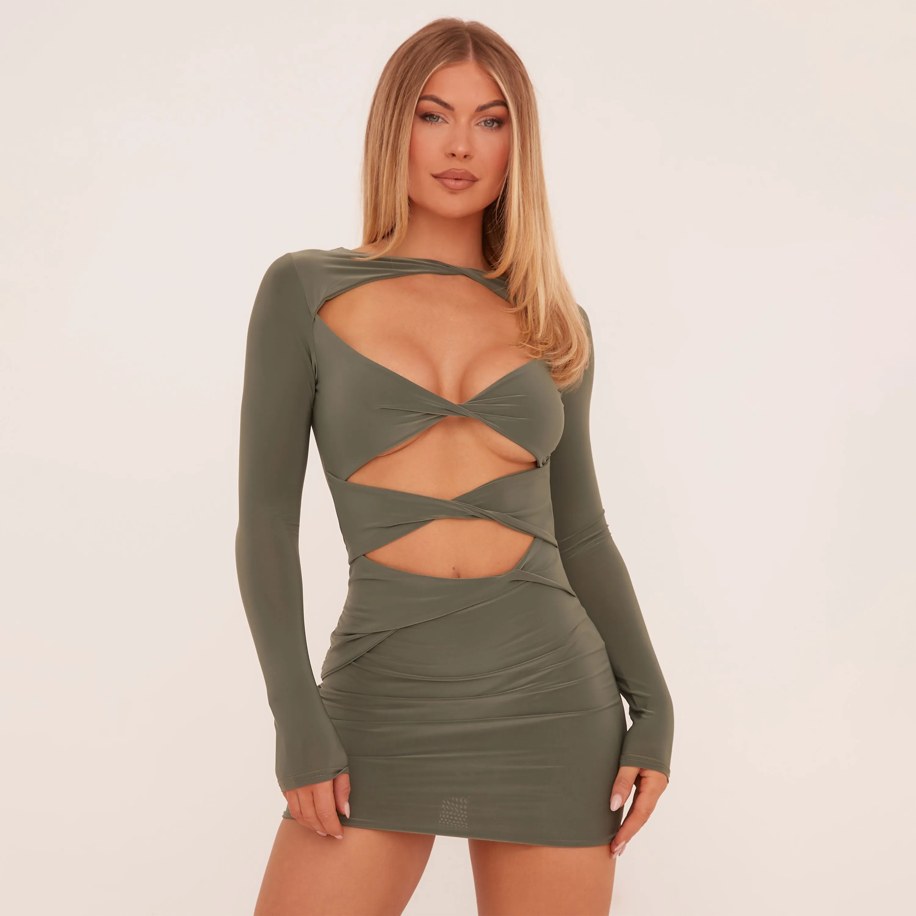 Long Sleeve Cut Out Twist Front Mini Bodycon Dress In Green Slinky