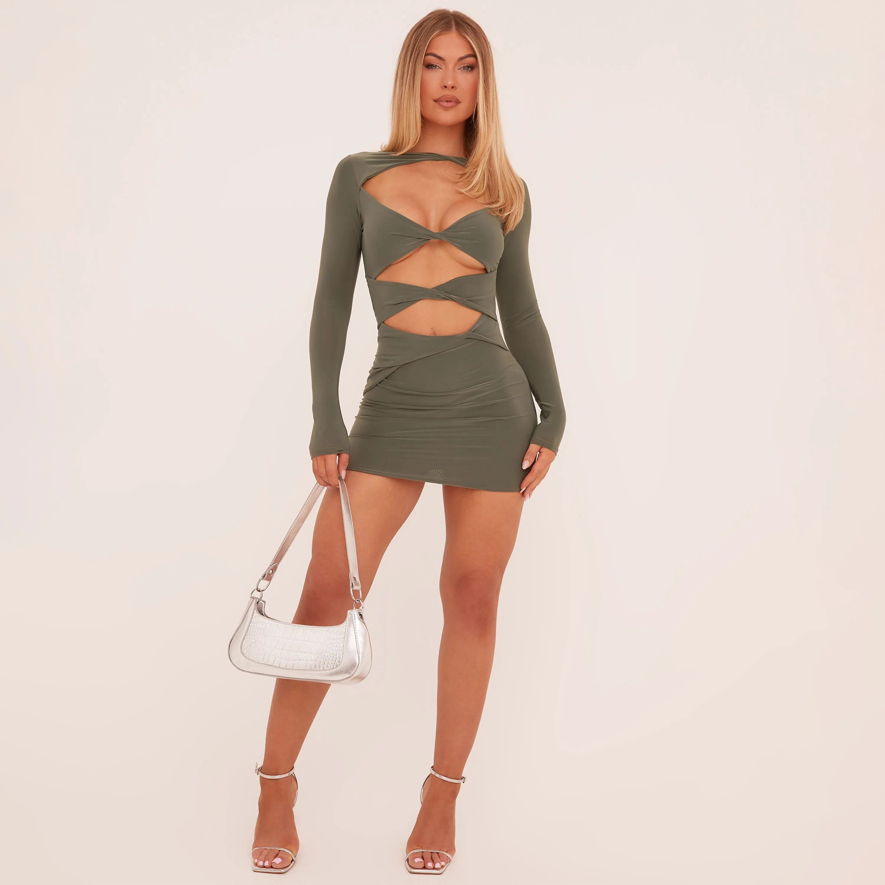 Long Sleeve Cut Out Twist Front Mini Bodycon Dress In Green Slinky