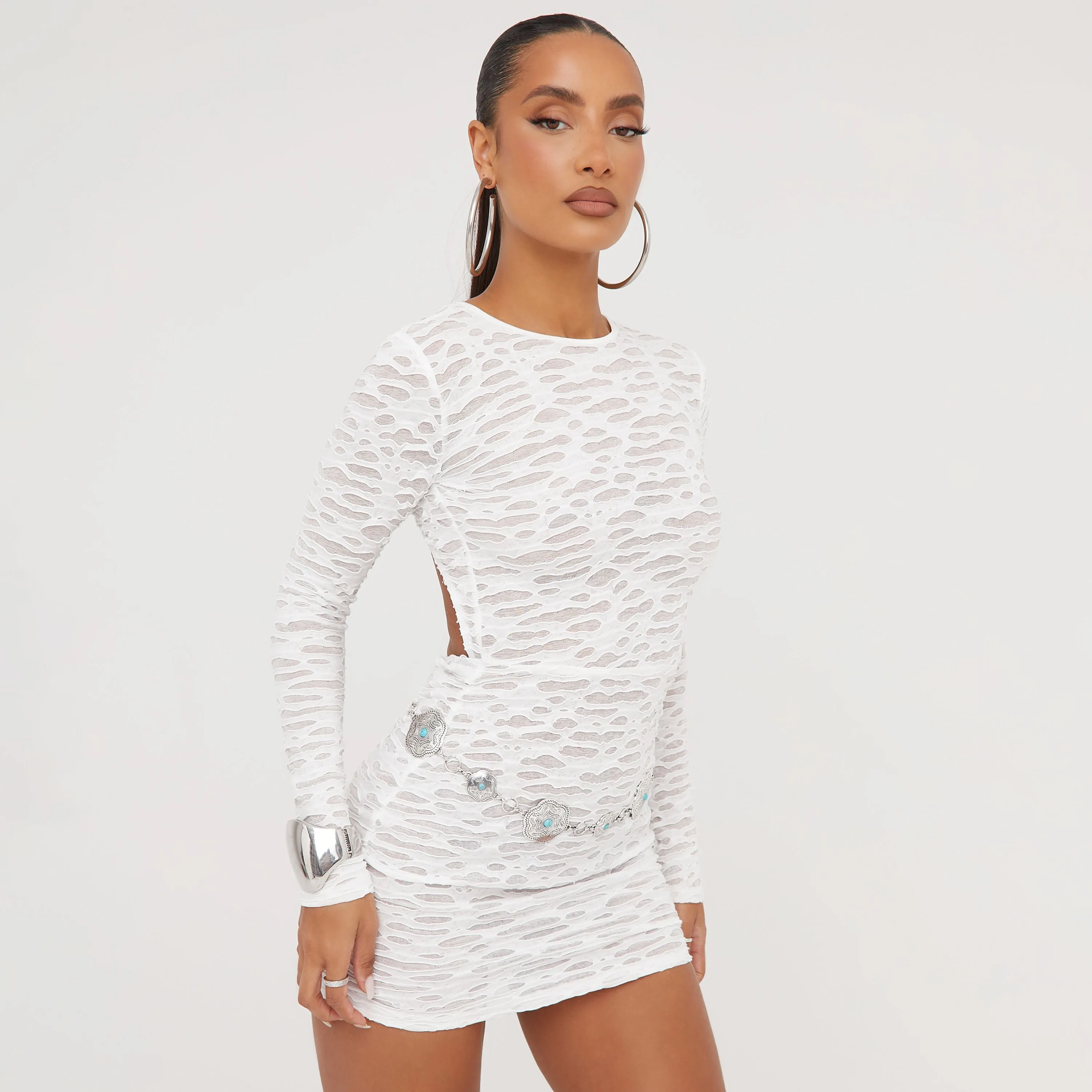 Long Sleeve Open Back Distressed Detail Mini Bodycon Dress In White