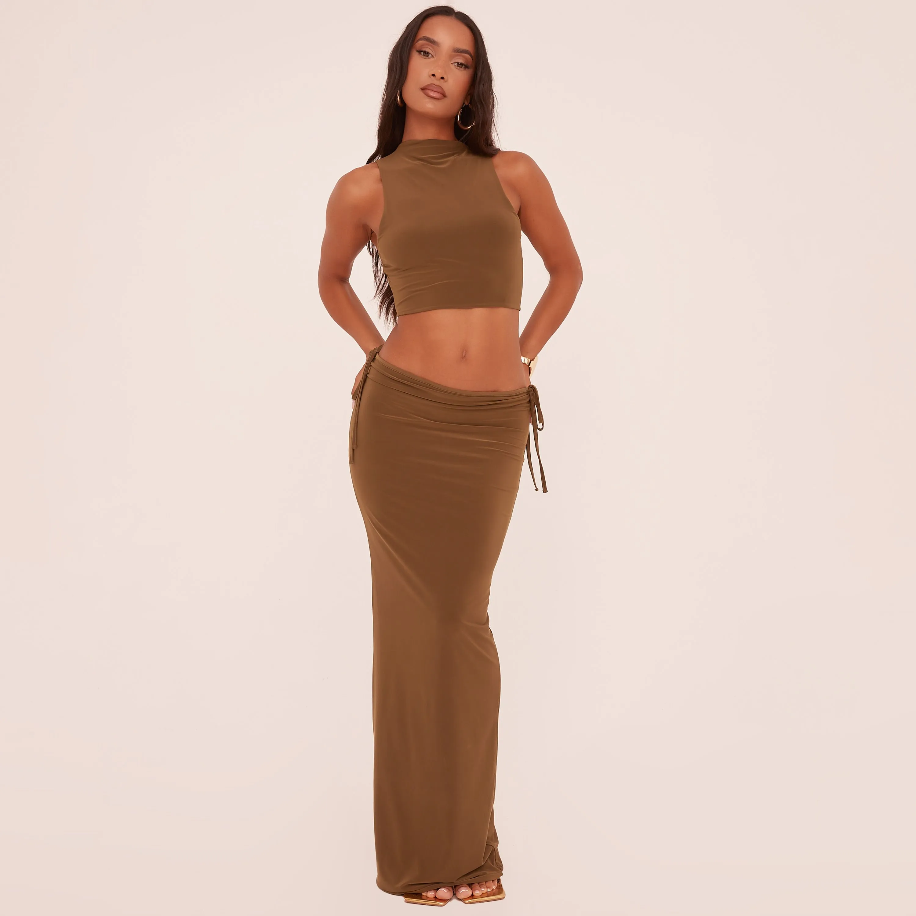 Low Rise Tie Detail Maxi Skirt In Olive Green