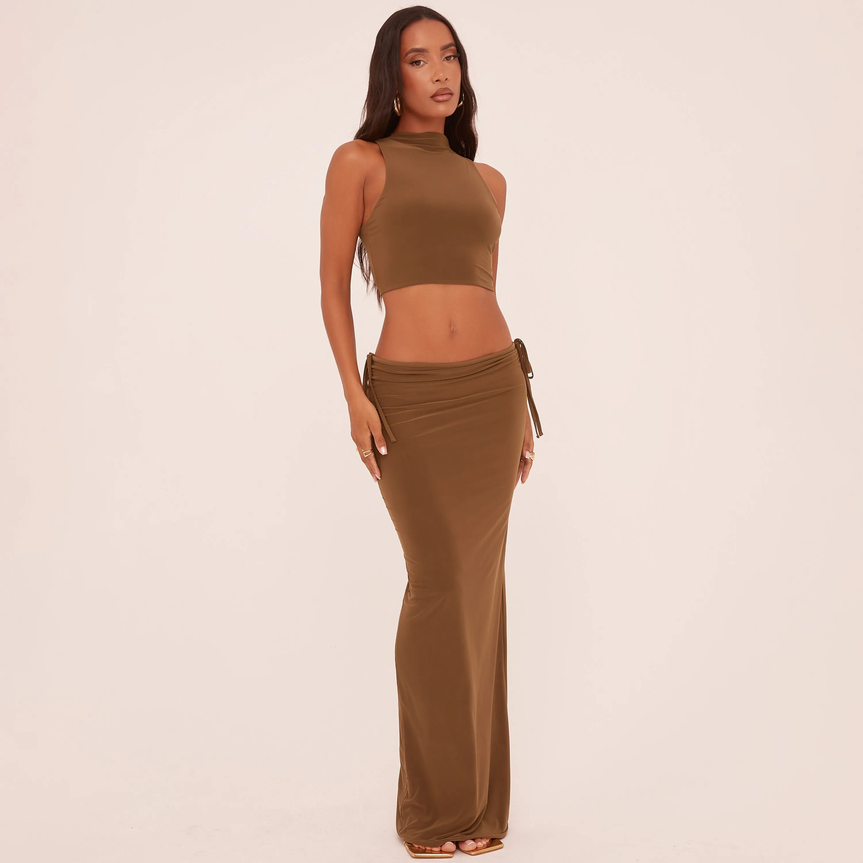 Low Rise Tie Detail Maxi Skirt In Olive Green