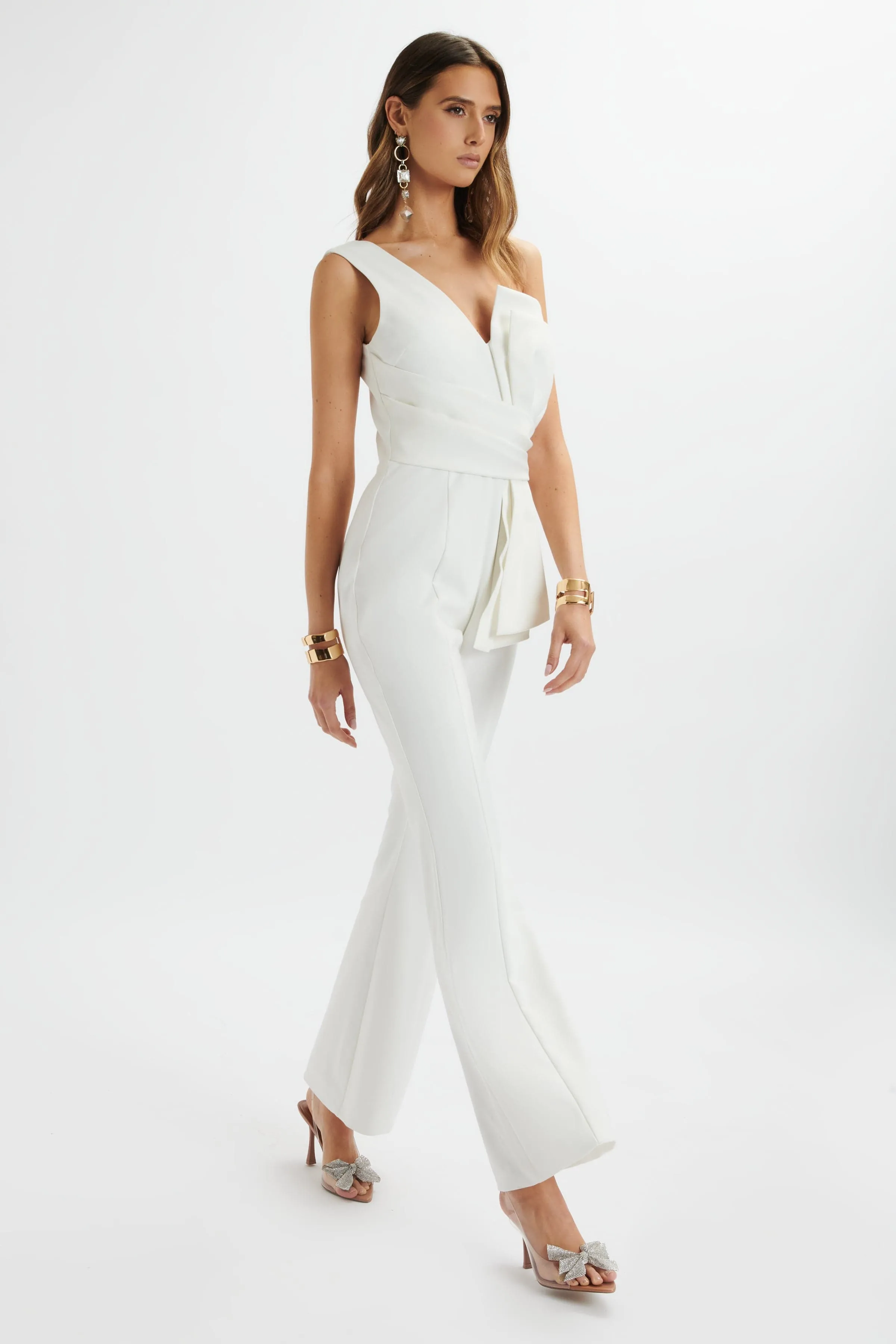 LUISA Statement Satin Bow Jumpsuit In White