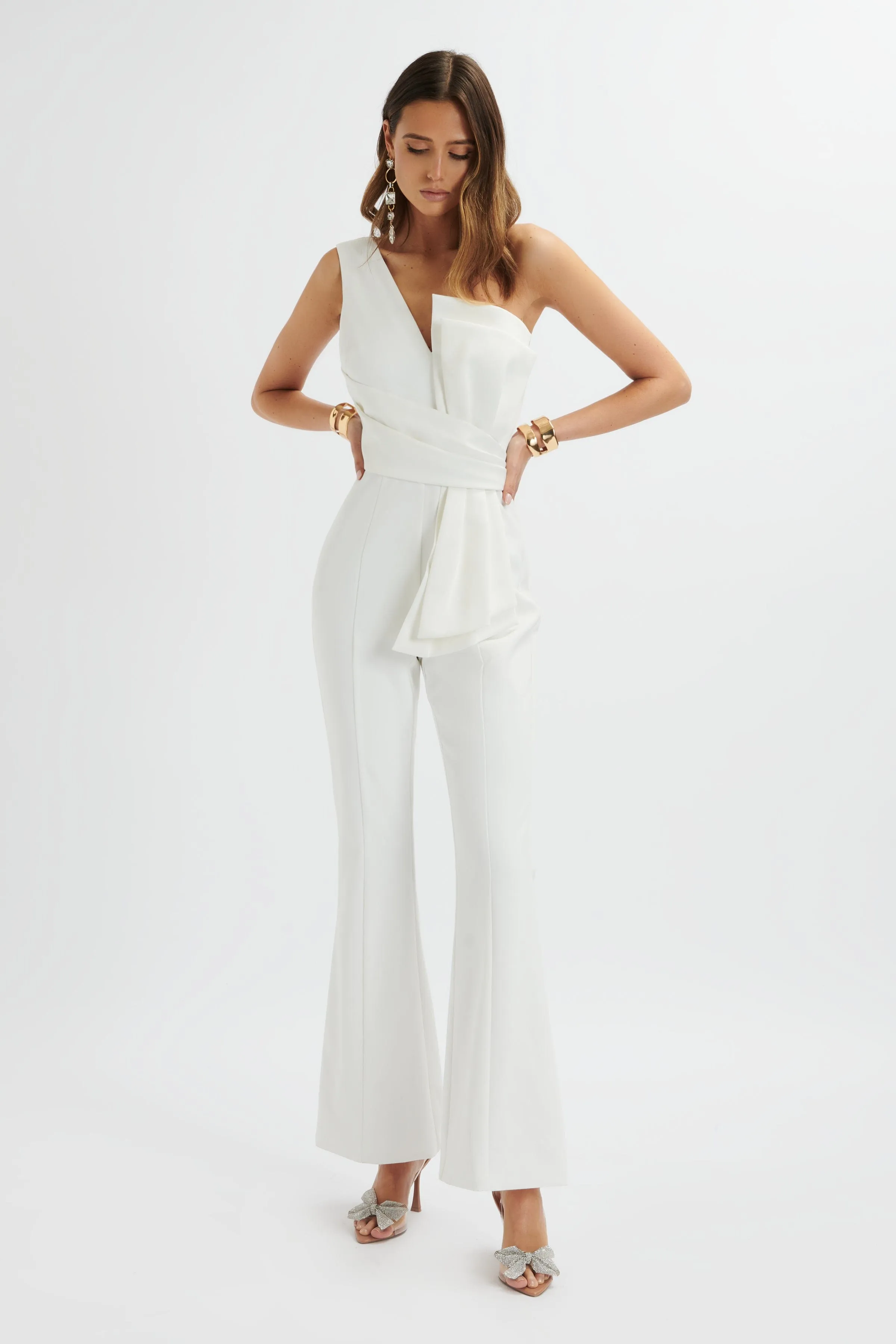 LUISA Statement Satin Bow Jumpsuit In White