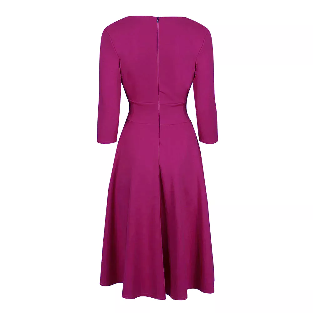 Magenta Crossover Top 3/4 Sleeve A Line 50s Tea Swing Dress