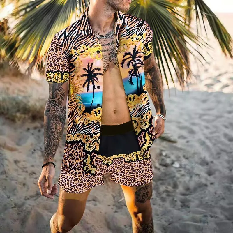 Men's Hawaiian Printed Shirt Elastic Waist Shorts Beachwear Two-Piece Set