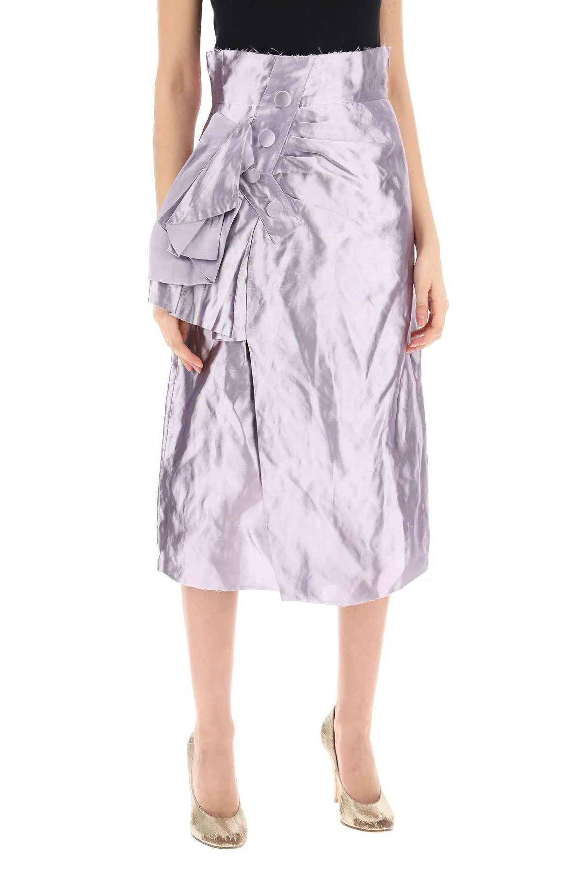 metallic satin midi wrap skirt with