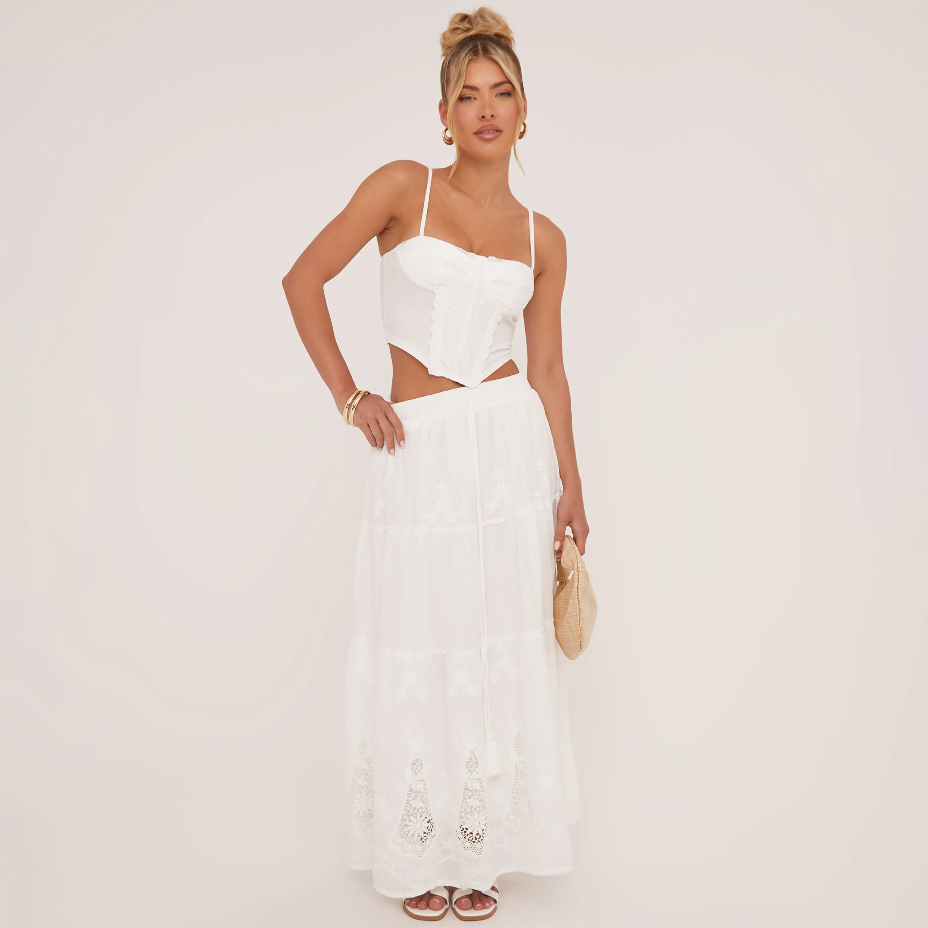 Mid Rise Floral Cut Out Detail Tiered Maxi Skirt In White