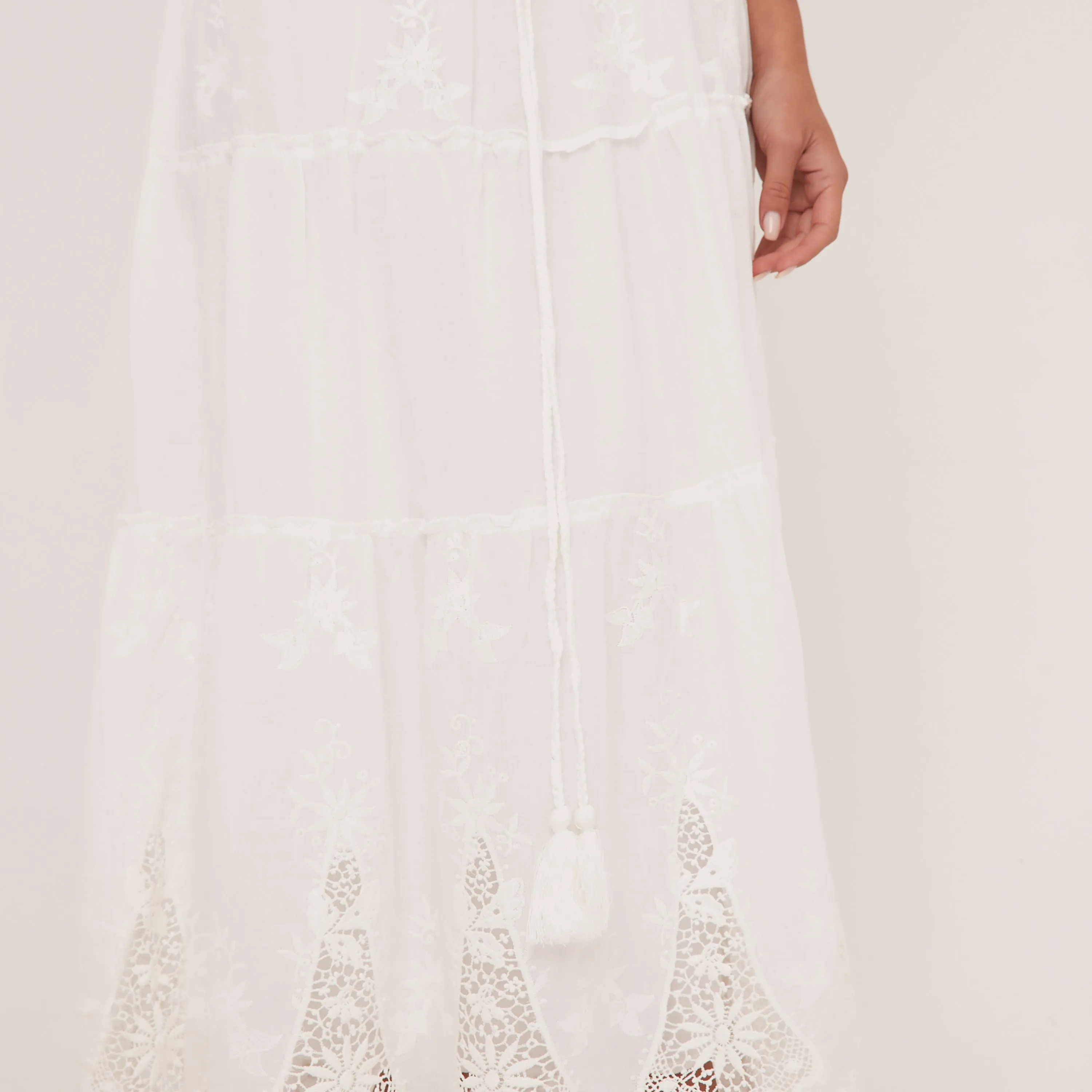 Mid Rise Floral Cut Out Detail Tiered Maxi Skirt In White