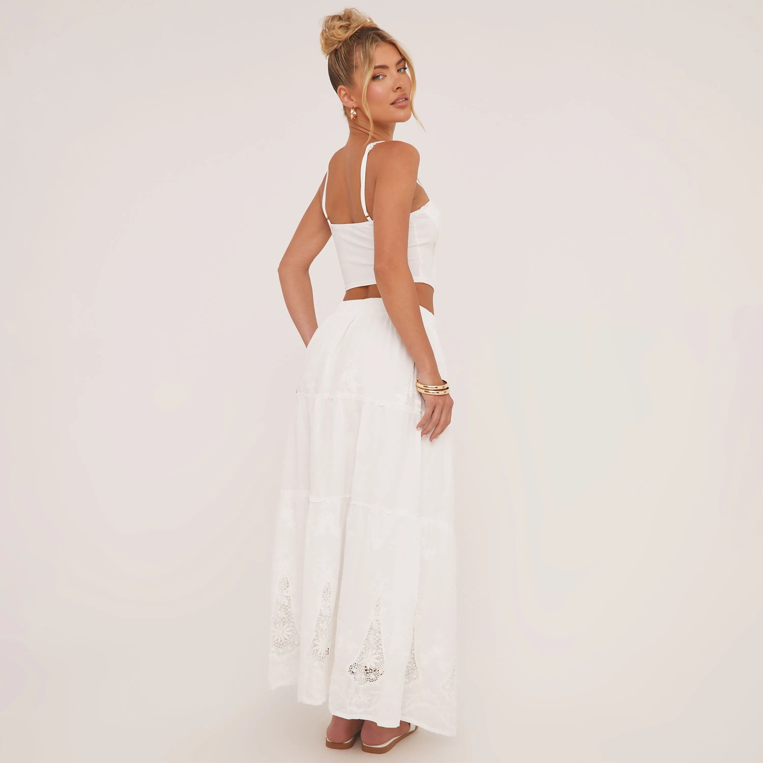 Mid Rise Floral Cut Out Detail Tiered Maxi Skirt In White