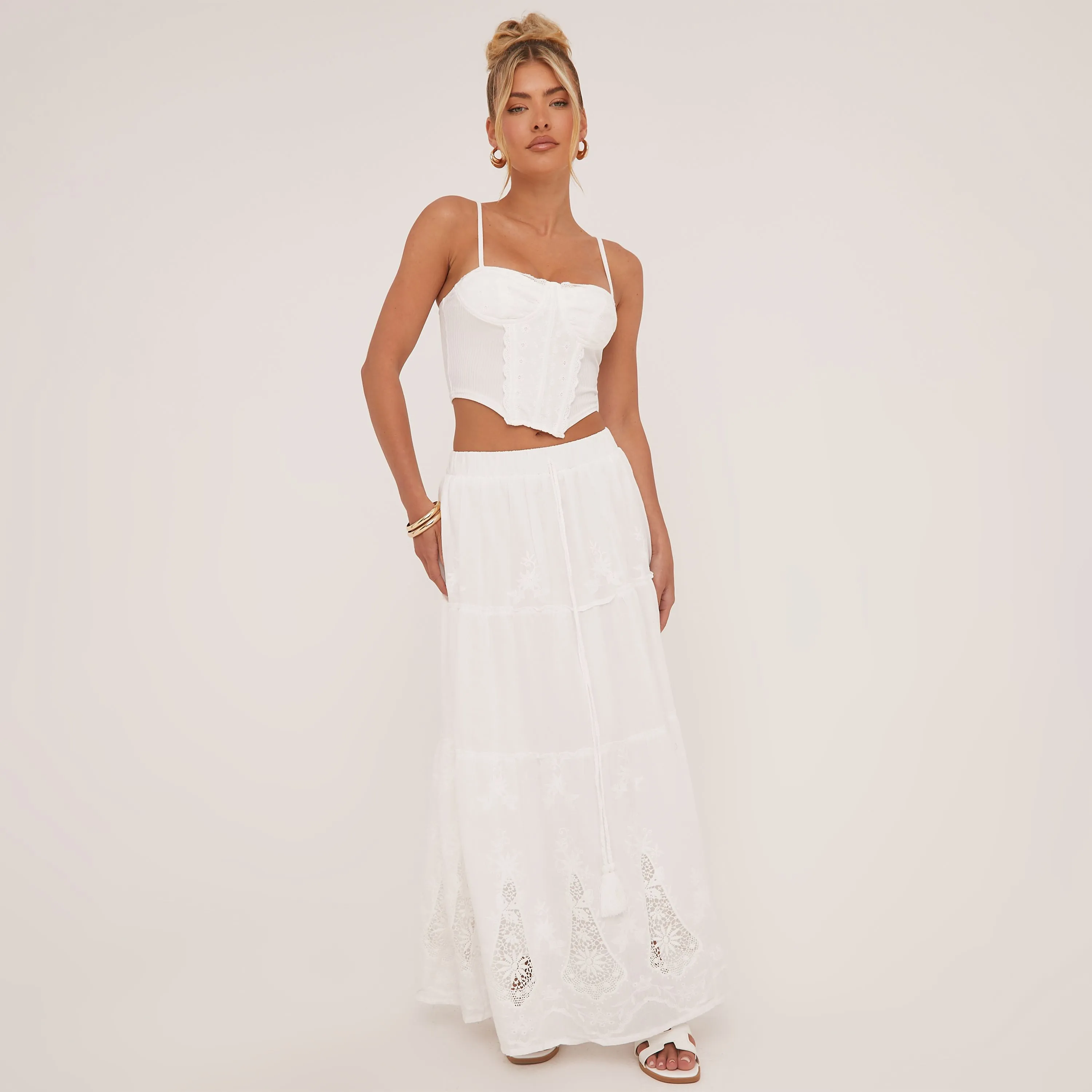 Mid Rise Floral Cut Out Detail Tiered Maxi Skirt In White