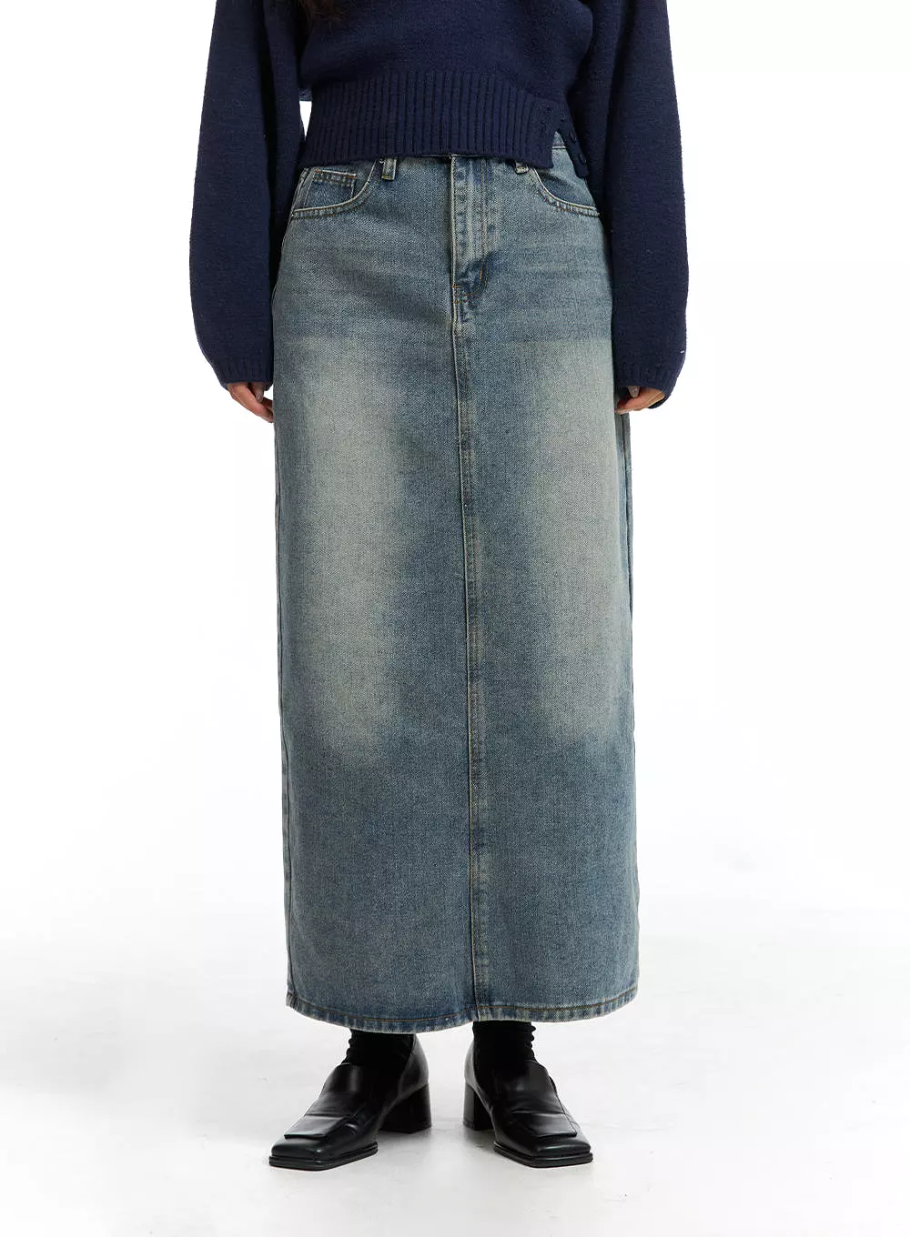 Mid Waist Solid Button Washed Denim Maxi Skirt OJ411