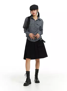 Mid Waist Solid Pleated Belted Midi Skirt CJ411