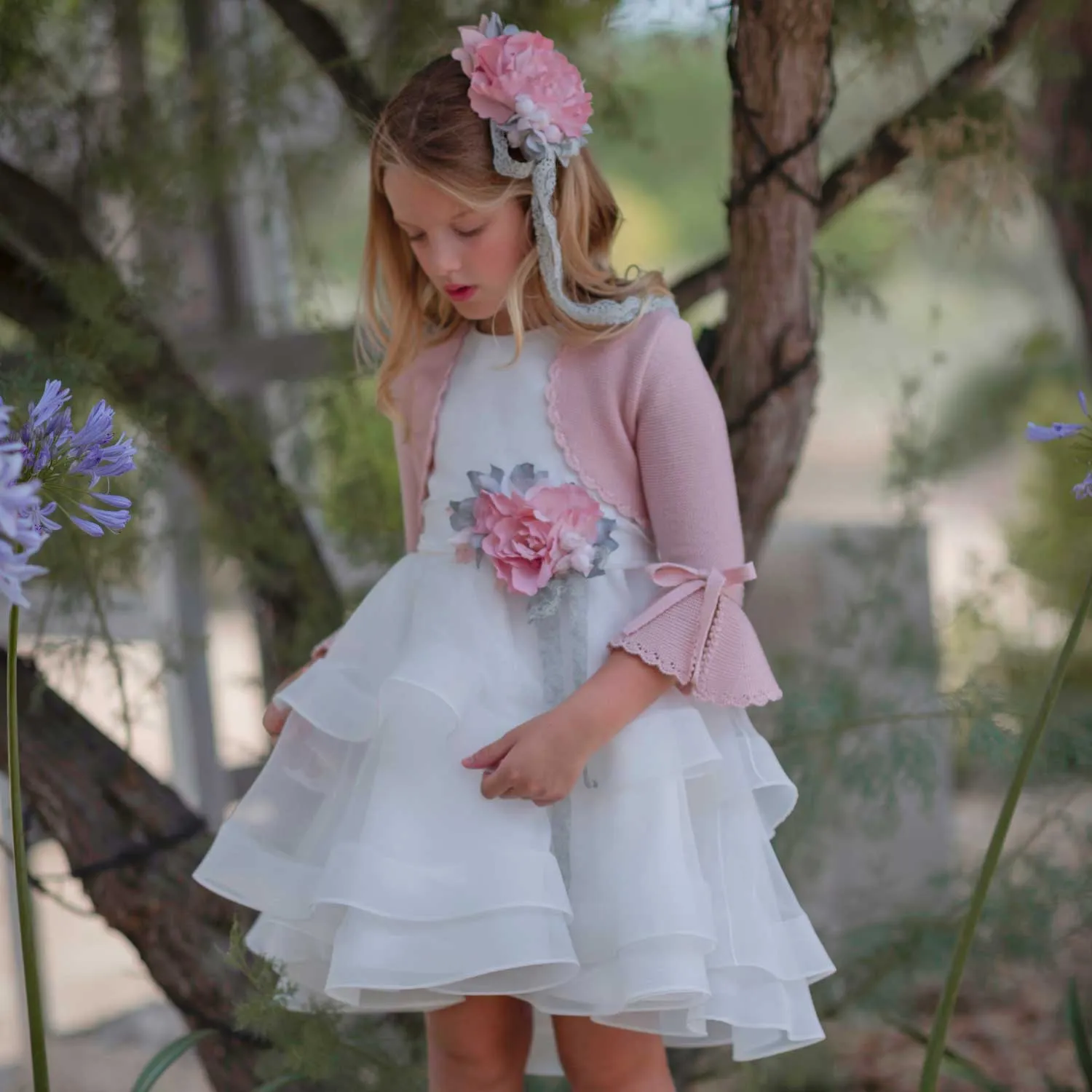 Mimilú Flounced Tulle White Dress With Pink Flowers