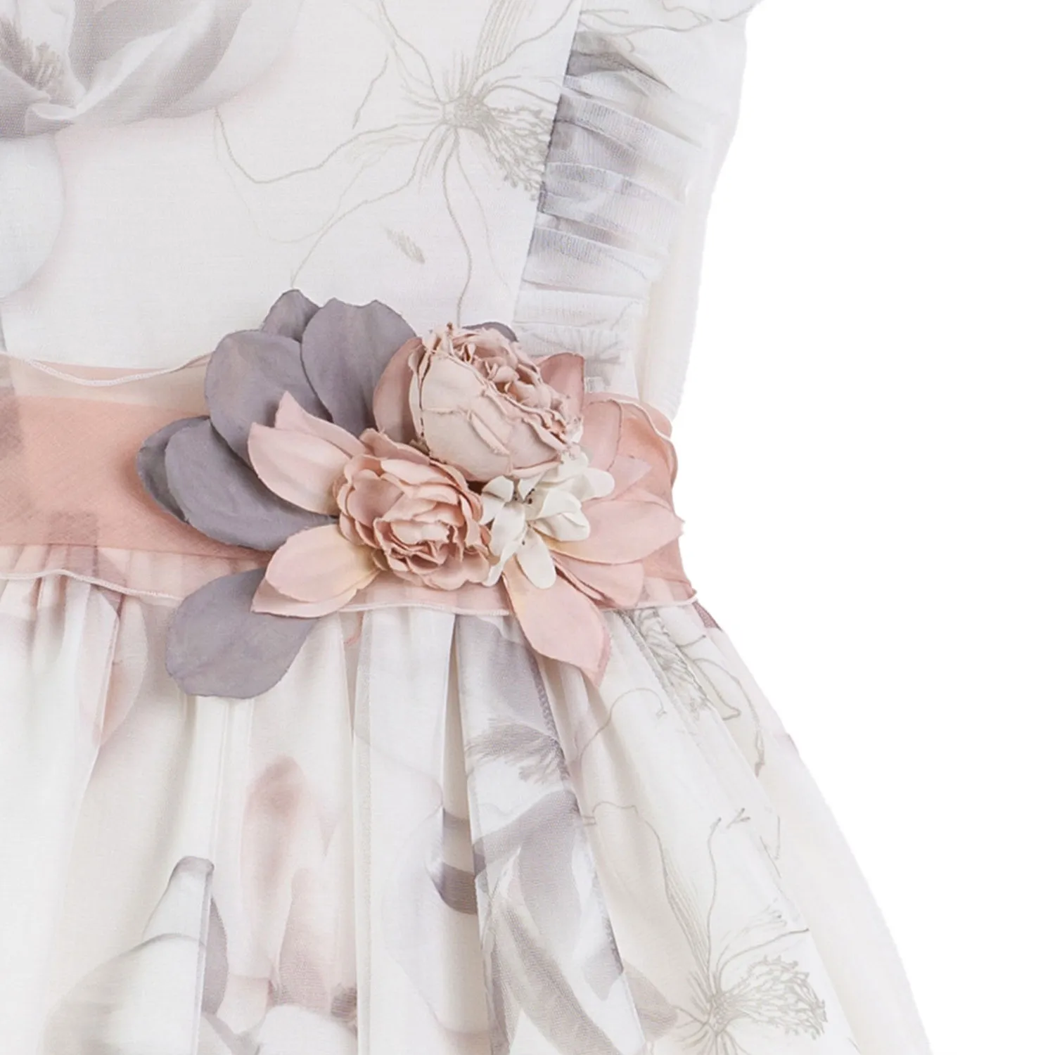 Mimilú White Tulle Dress With Flowers With Pink Salmon Belt