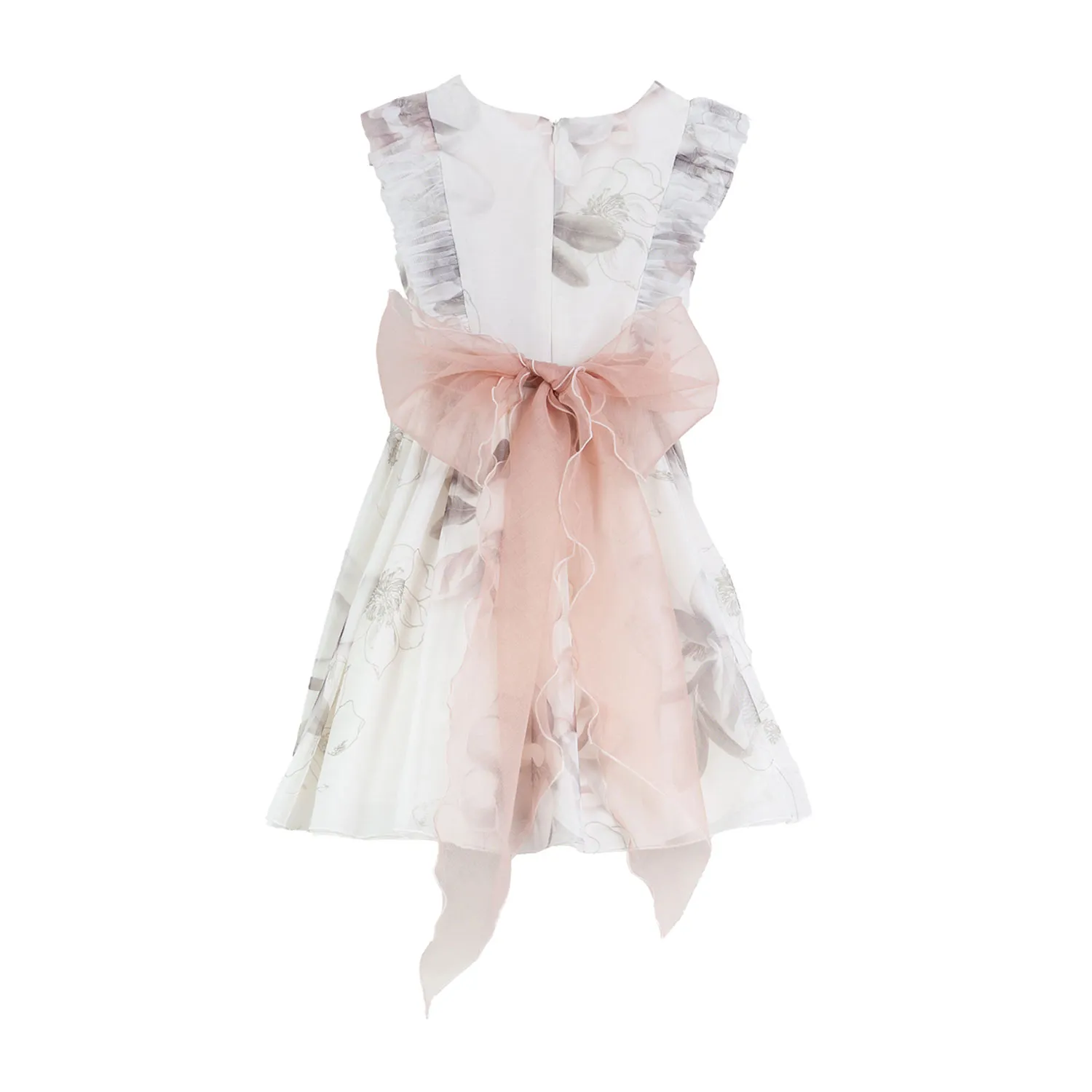 Mimilú White Tulle Dress With Flowers With Pink Salmon Belt