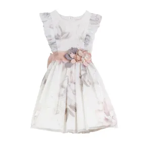 Mimilú White Tulle Dress With Flowers With Pink Salmon Belt