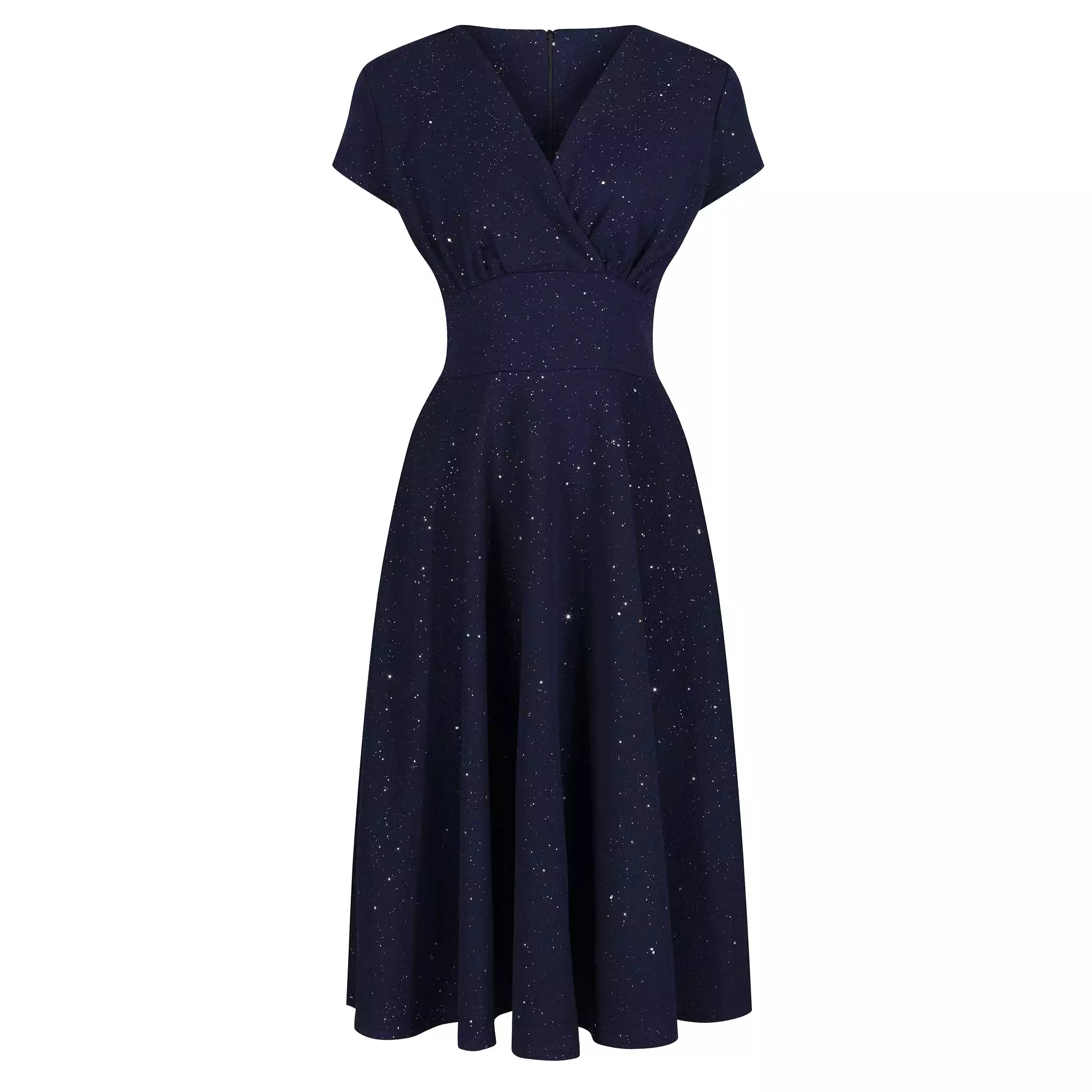 Navy Blue & Sparkly Glitter A Line Crossover Top Capped Sleeve Tea Swing Dress