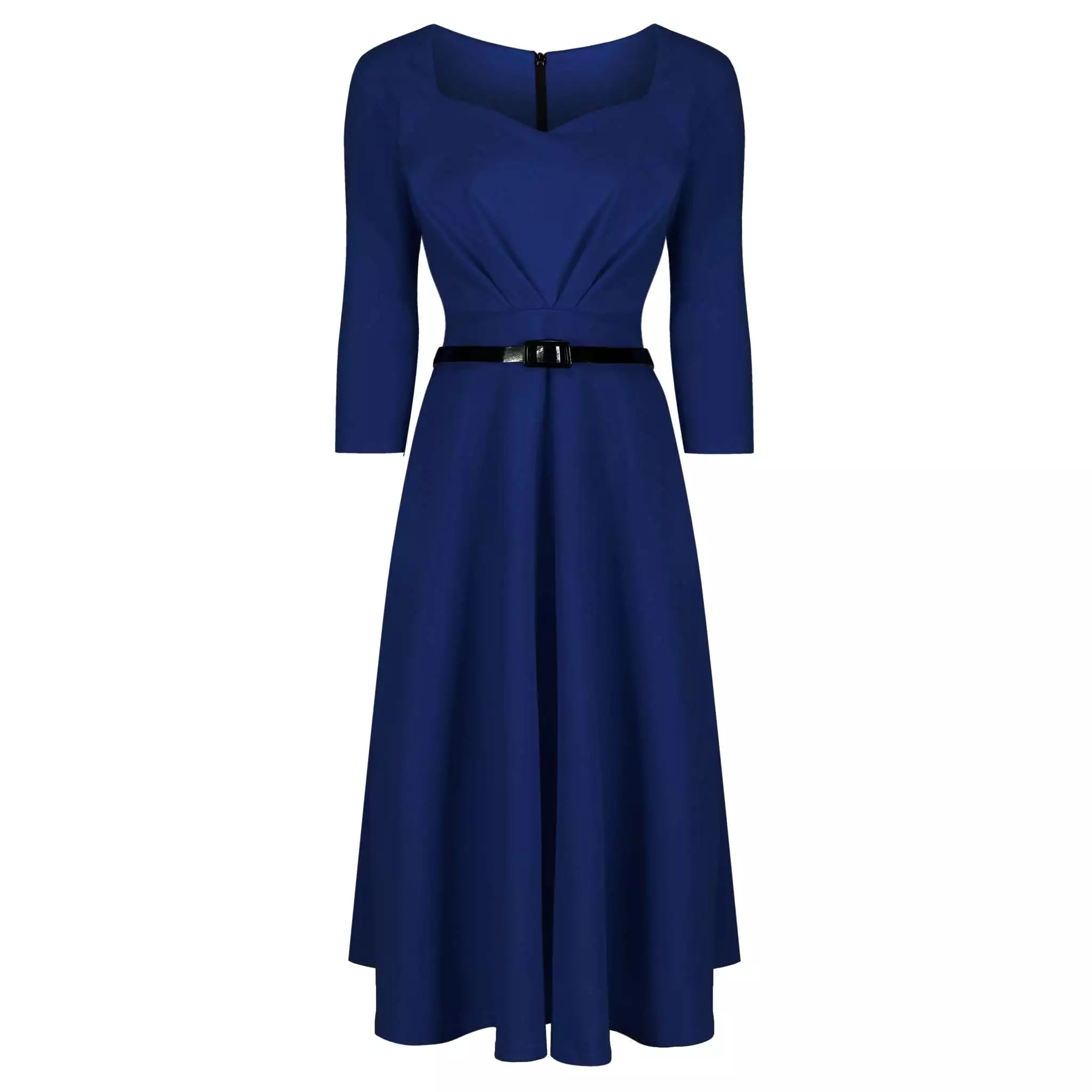 Navy Blue 3/4 Sleeve Belted 50s Swing Dress