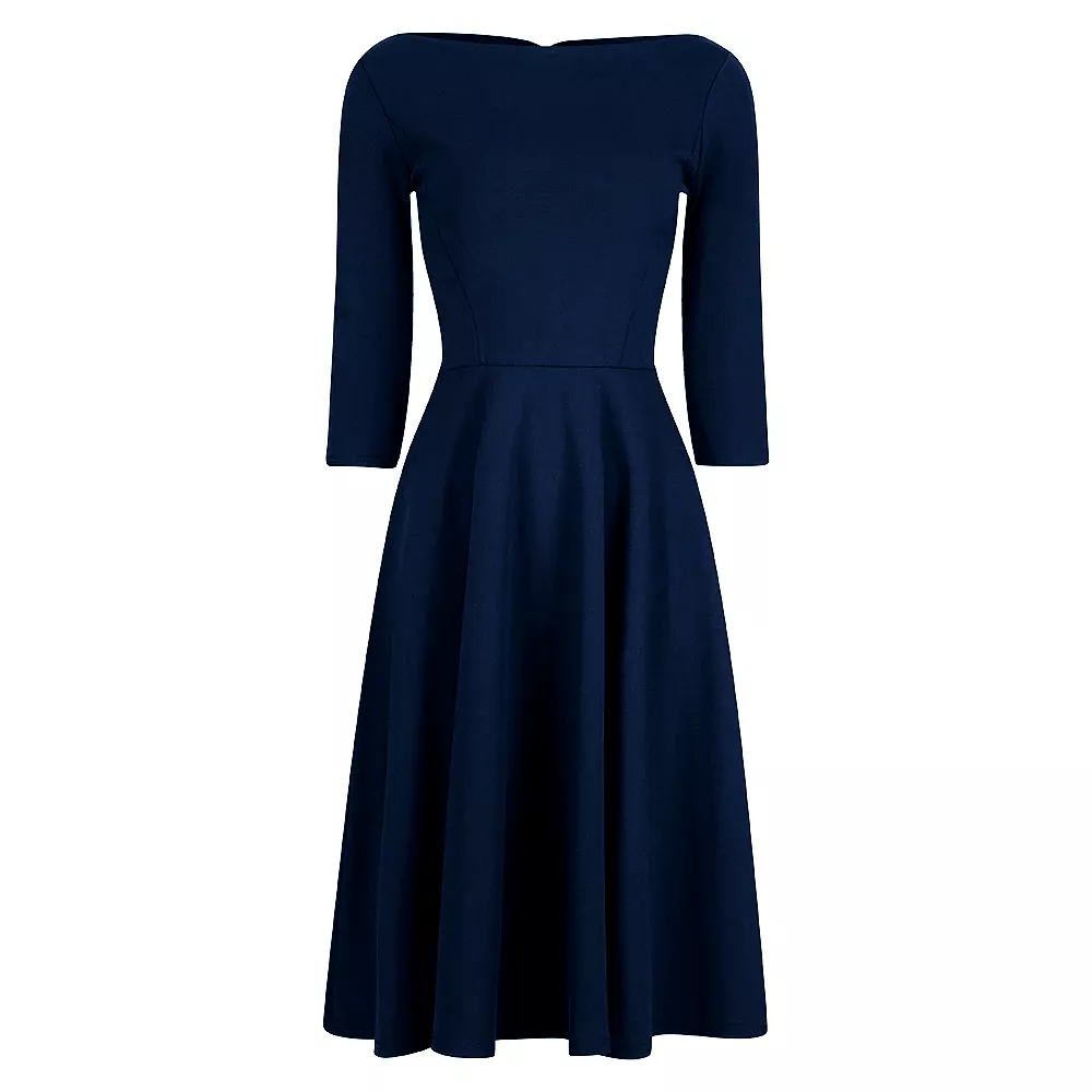 Navy Blue Audrey 1950s Style 3/4 Sleeve Swing Dress