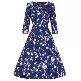 Navy Blue Bird and Floral Print 3/4 Sleeve 50s Swing Dress