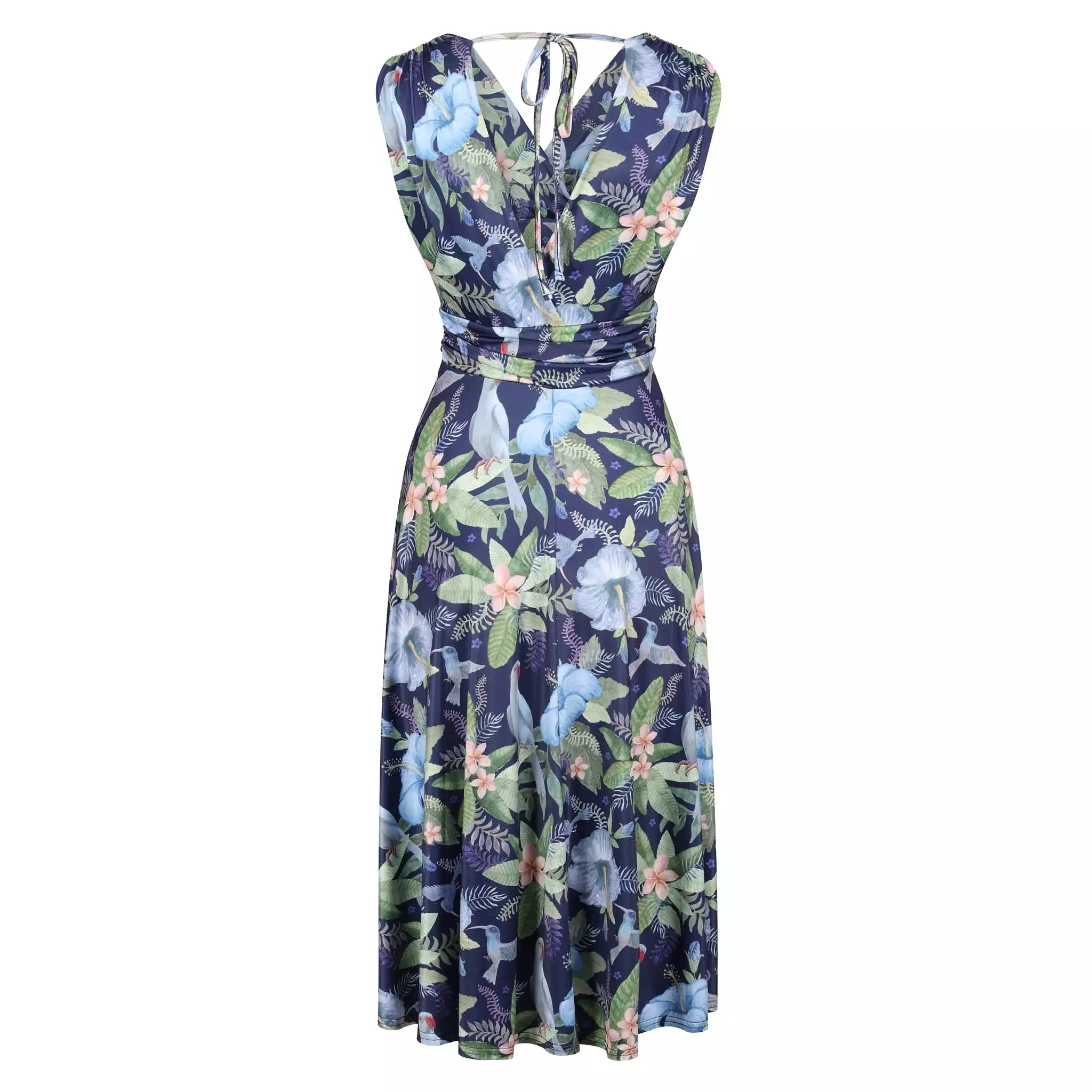 Navy Blue Bird Tropical V Neck Crossover Top Empire Waist Swing Dress