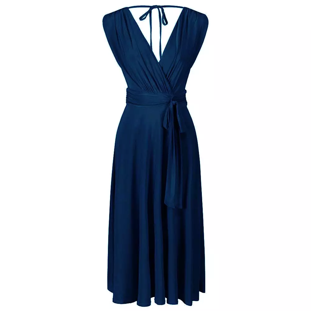 Navy Blue Crossover Top V Neck Tie Waist Cocktail Dress