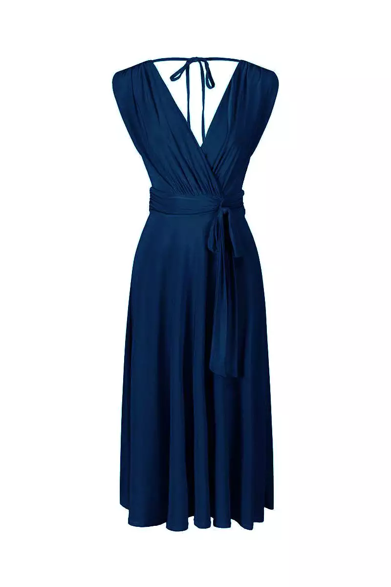 Navy Blue Crossover Top V Neck Tie Waist Cocktail Dress