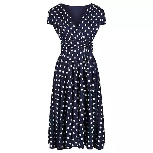 Navy Blue Polka Dot Cap Sleeve Fit And Flare Midi Dress