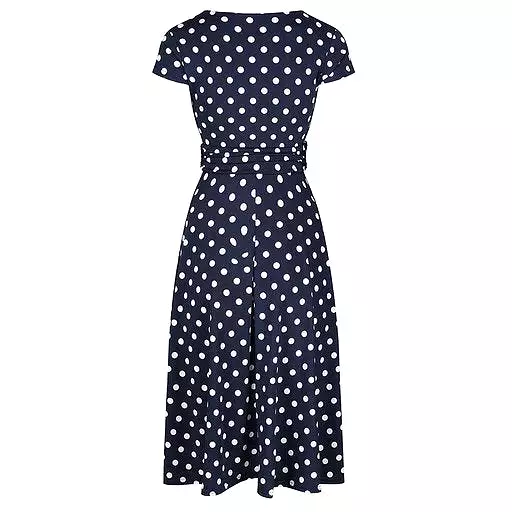 Navy Blue Polka Dot Cap Sleeve Fit And Flare Midi Dress