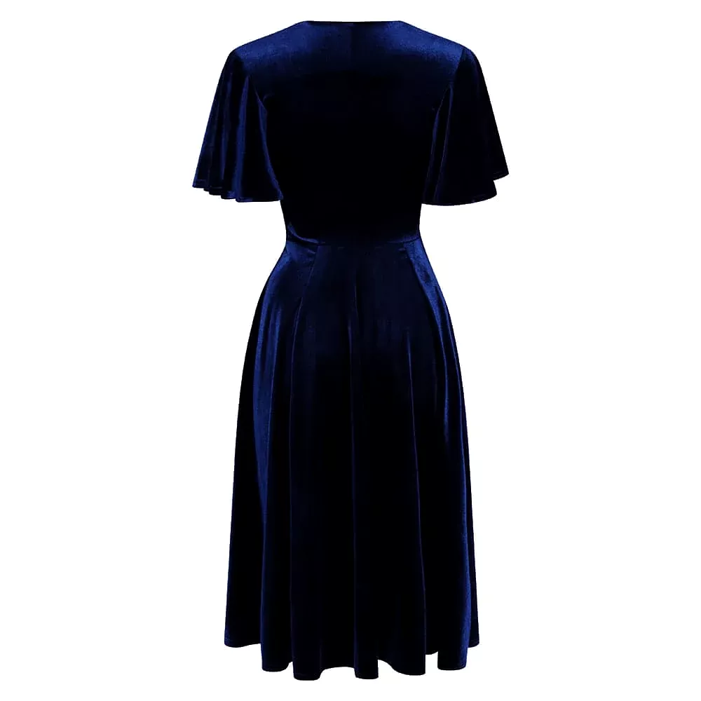 Navy Blue Velour Waterfall Sleeve Crossover Wrap Effect Swing Dress