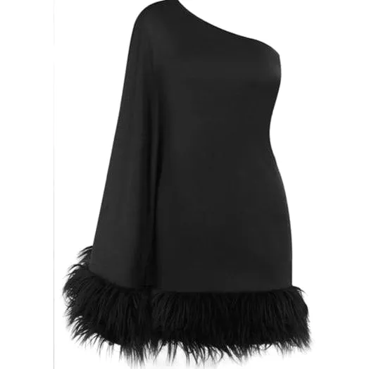 One Hand Off Shoulder Feather Dress