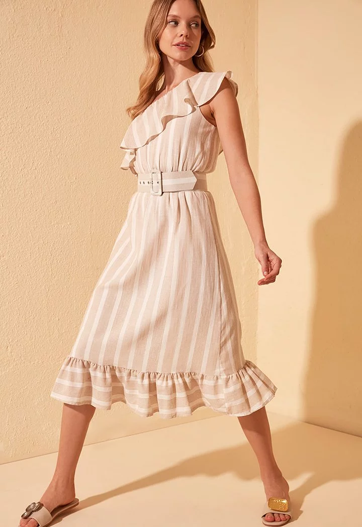 One Shoulder Striped Belted Dress