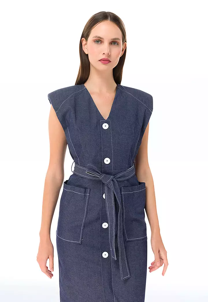 Padded Shoulder Denim Midi Dress