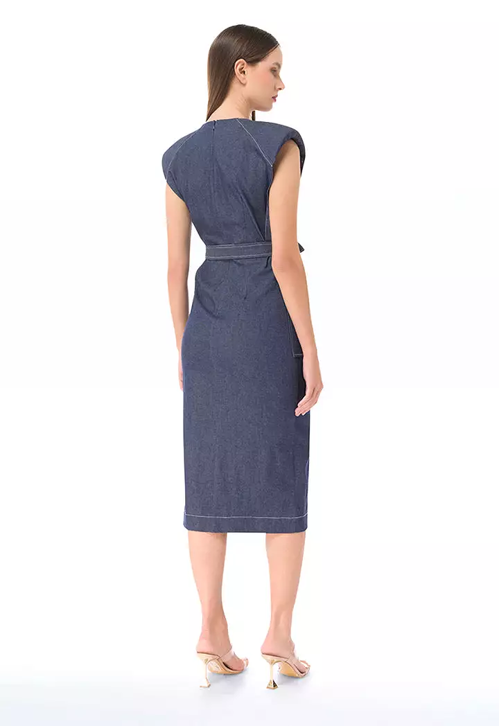 Padded Shoulder Denim Midi Dress