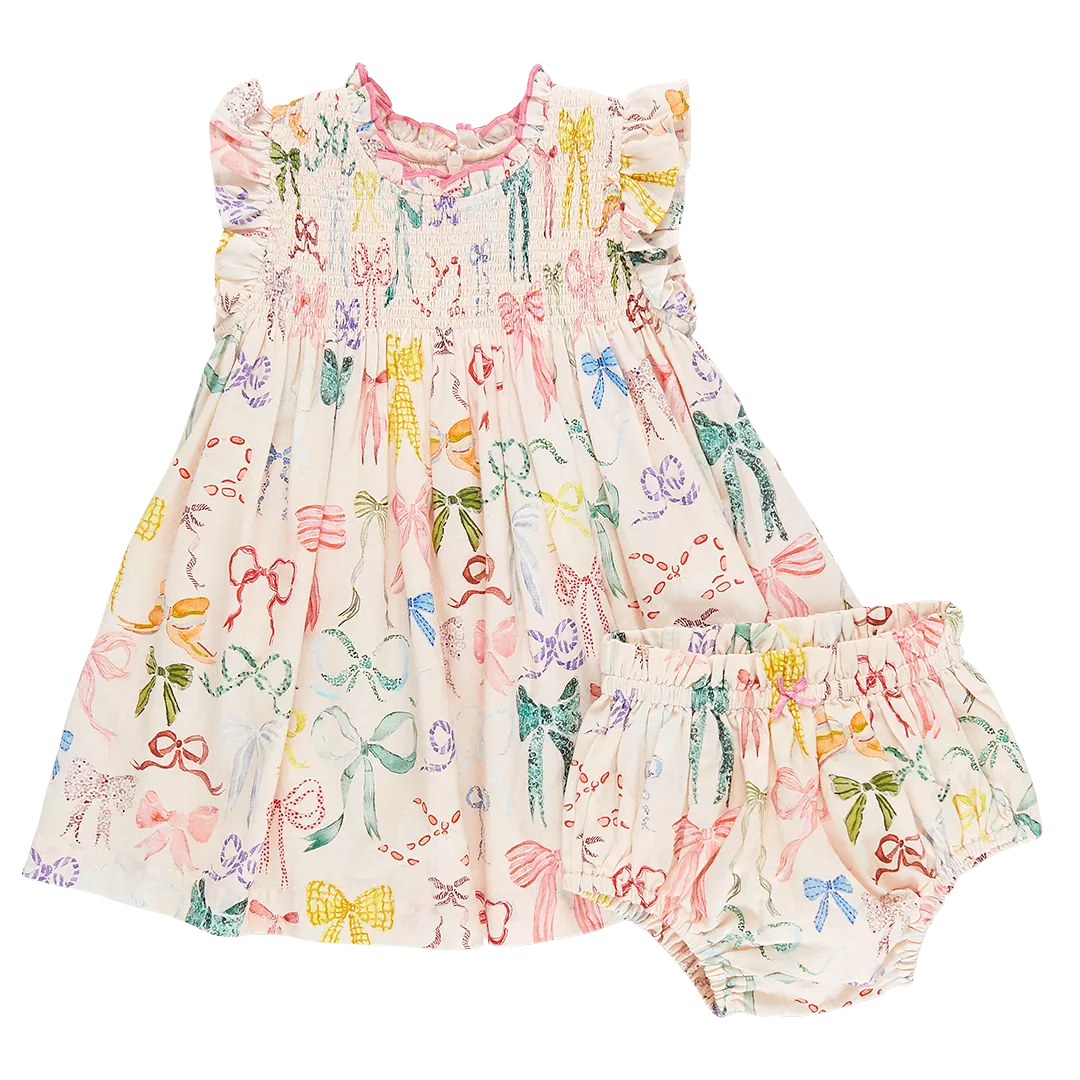 Pink Chicken Baby Girls Stevie Dress Set - Watercolor Bows - Pink