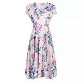 Pink Floral Print Ruched Bust Deep V Neck Cap Sleeve 50s Swing Dress
